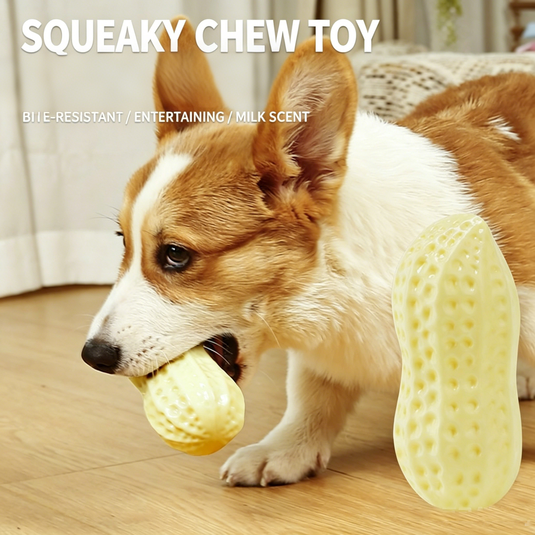 Squeaky Peanut Dog Chew Toy, Non-Toxic TPR Milk Scented Durable Teething Toy for Small Medium Large Dogs, Indestructible Textured Dental Cleaning Puppy Self Play Toy Easy to Clean