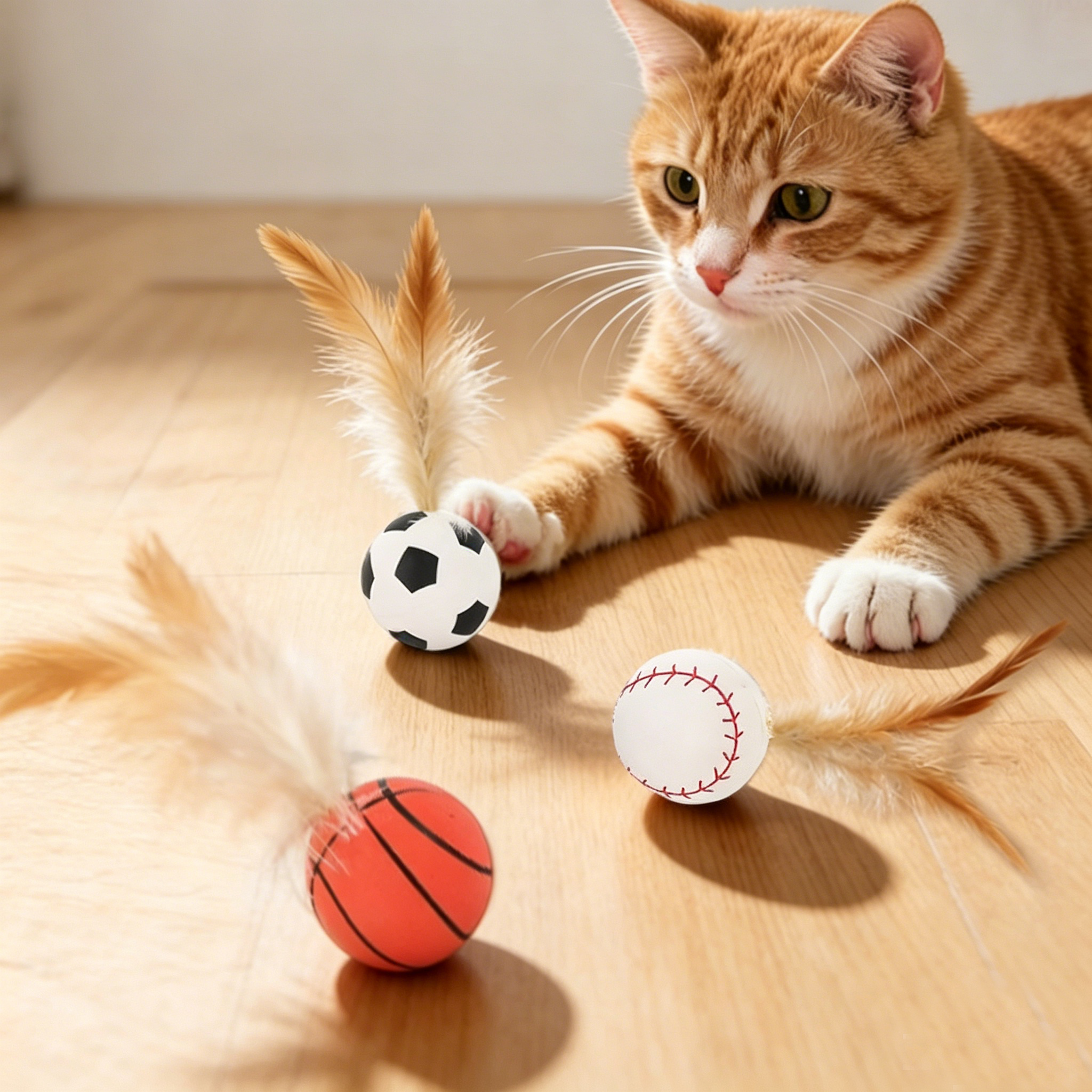 Sports Style Feather Bouncy Ball Cat Toy 4 Pack | Silent Interactive Kitten Teaser Toy