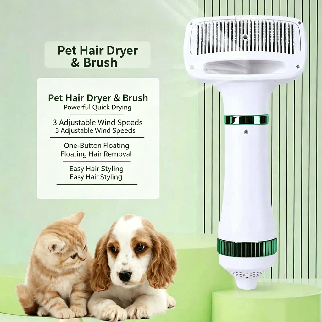 Pet Hair Dryer Brush 2-in-1 Hot Air Comb 300W Silent Fast Drying Dog Cat Grooming Brush 3 Speed Adjustable Floating Hair Remover 110-230V Multi-Plug EU US UK AU JP Plug