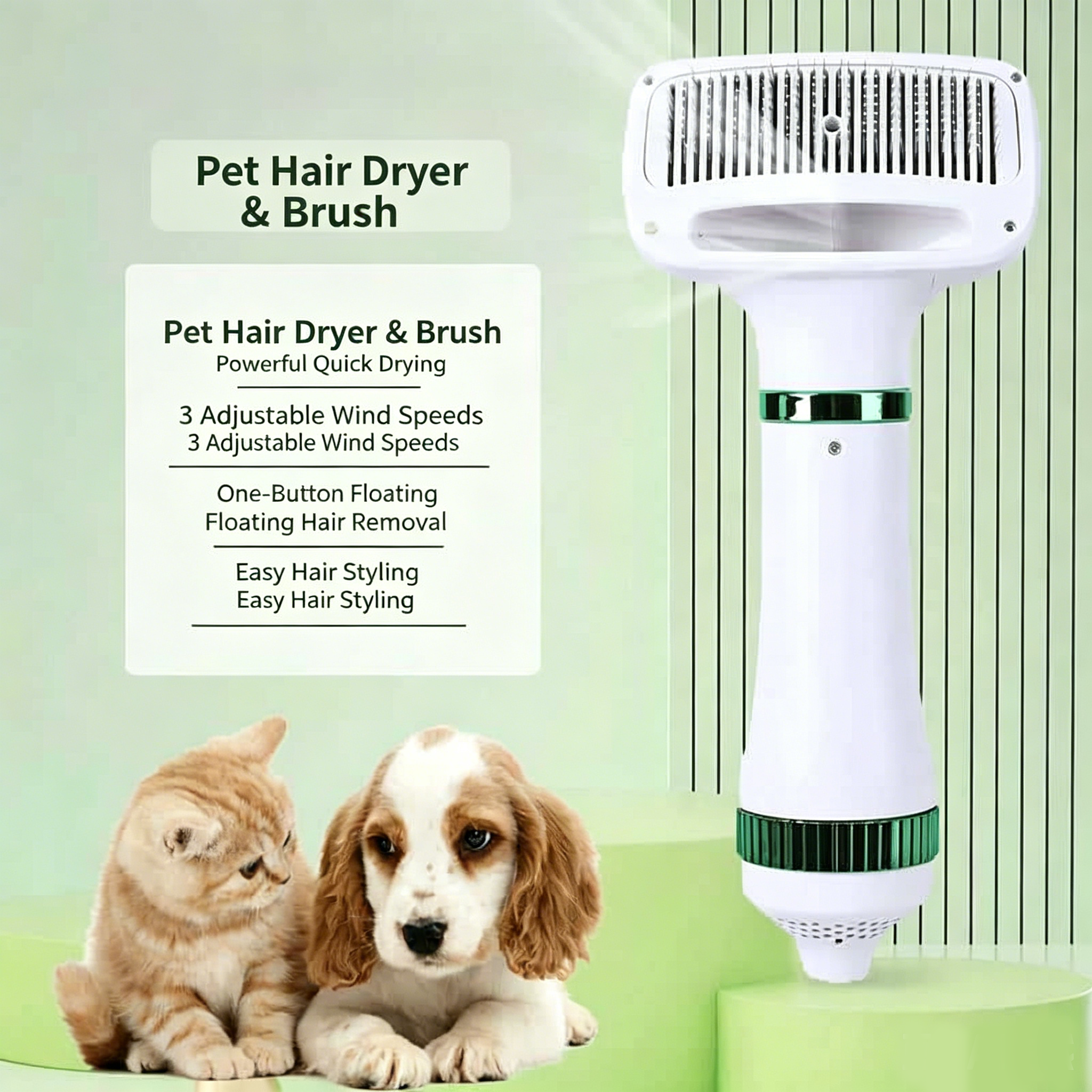 Pet Hair Dryer Brush 2-in-1 Hot Air Comb 300W Silent Fast Drying Dog Cat Grooming Brush 3 Speed Adjustable Floating Hair Remover 110-230V Multi-Plug EU US UK AU JP Plug