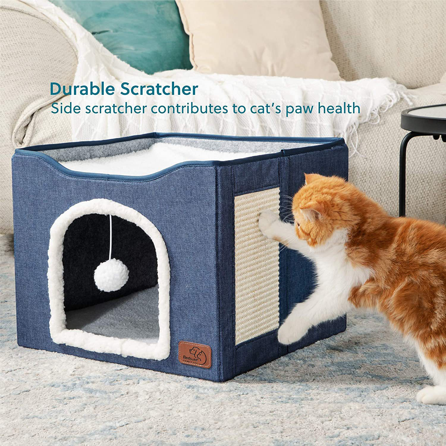 2-Tier Foldable Cat House with Sisal Scratcher, All Season Washable Cat Cube Bed