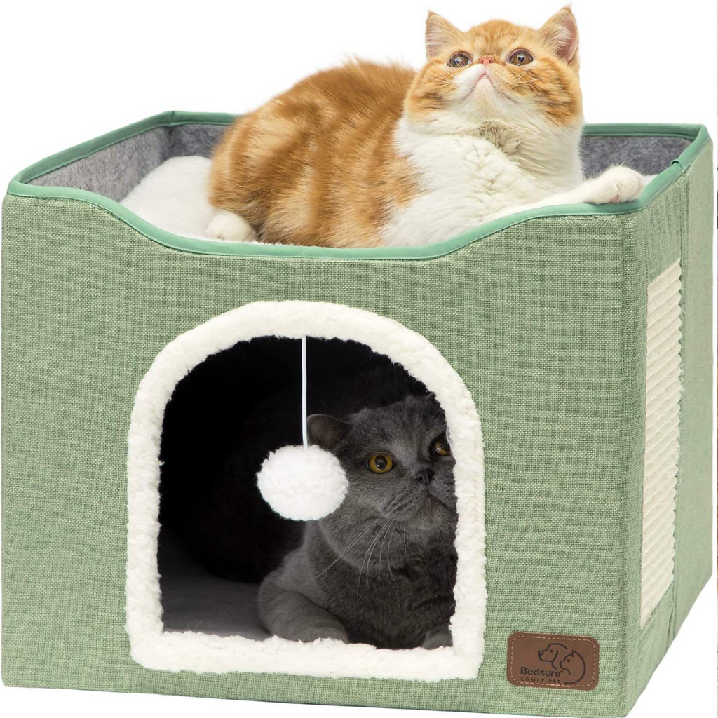 2-Tier Foldable Cat House with Sisal Scratcher, All Season Washable Cat Cube Bed