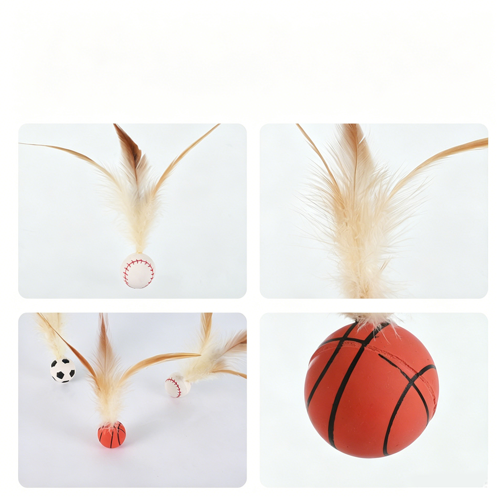 Sports Style Feather Bouncy Ball Cat Toy 4 Pack | Silent Interactive Kitten Teaser Toy