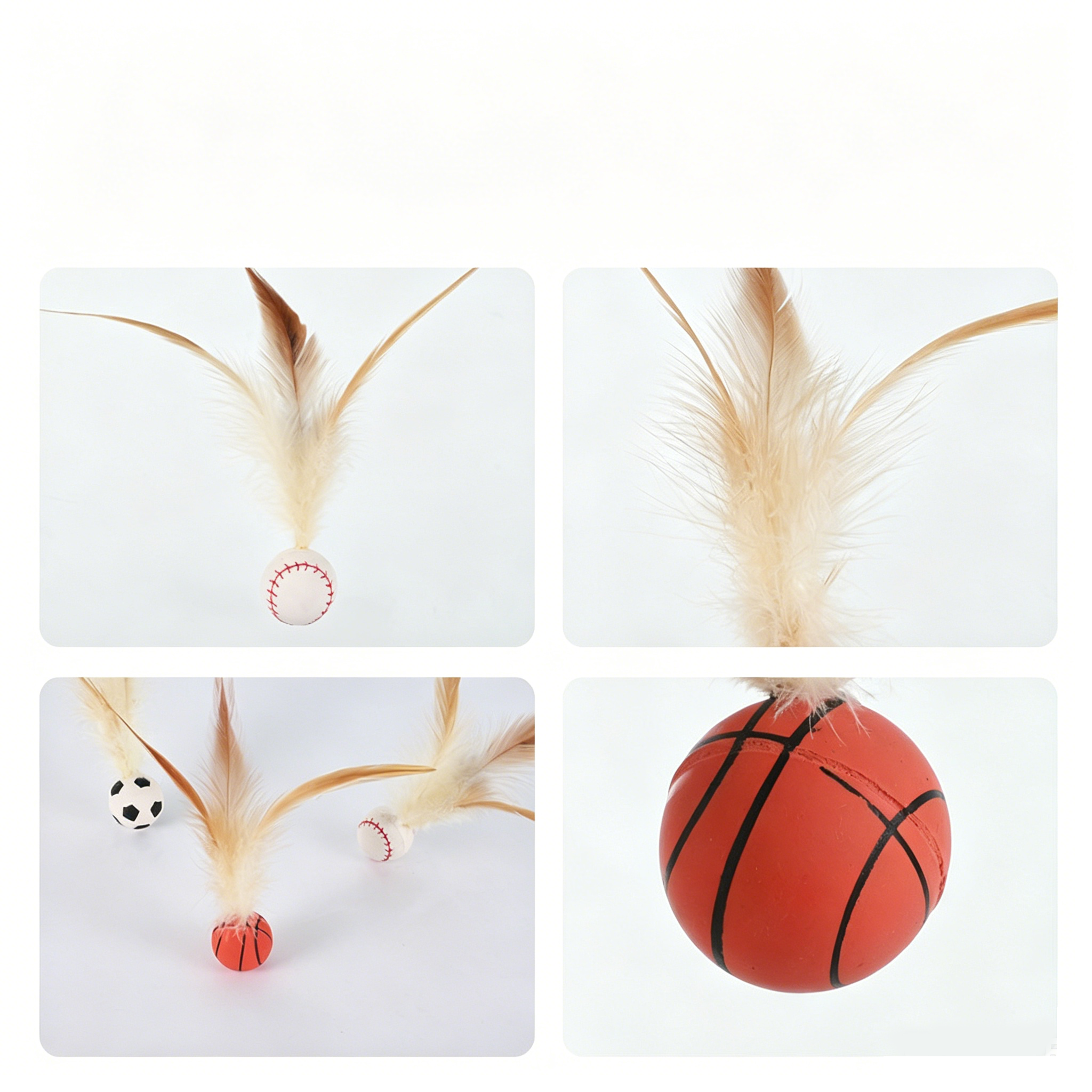Sports Style Feather Bouncy Ball Cat Toy 4 Pack | Silent Interactive Kitten Teaser Toy
