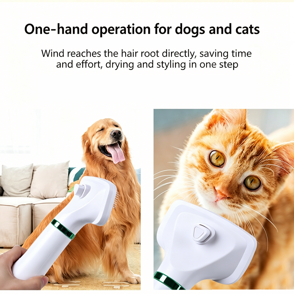 Pet Hair Dryer Brush 2-in-1 Hot Air Comb 300W Silent Fast Drying Dog Cat Grooming Brush 3 Speed Adjustable Floating Hair Remover 110-230V Multi-Plug EU US UK AU JP Plug