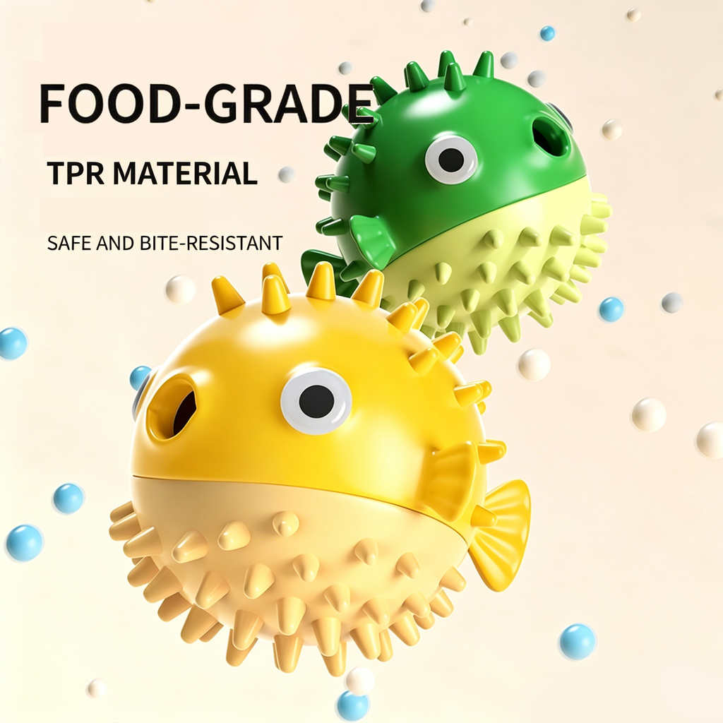 Bouncy Fish Dog Treat Dispenser Toy, Food-Grade TPR Squeaky Chew Toy, Durable Teeth Cleaning Interactive Toy for Dogs Anxiety Relief Prevent Destructive Behavior
