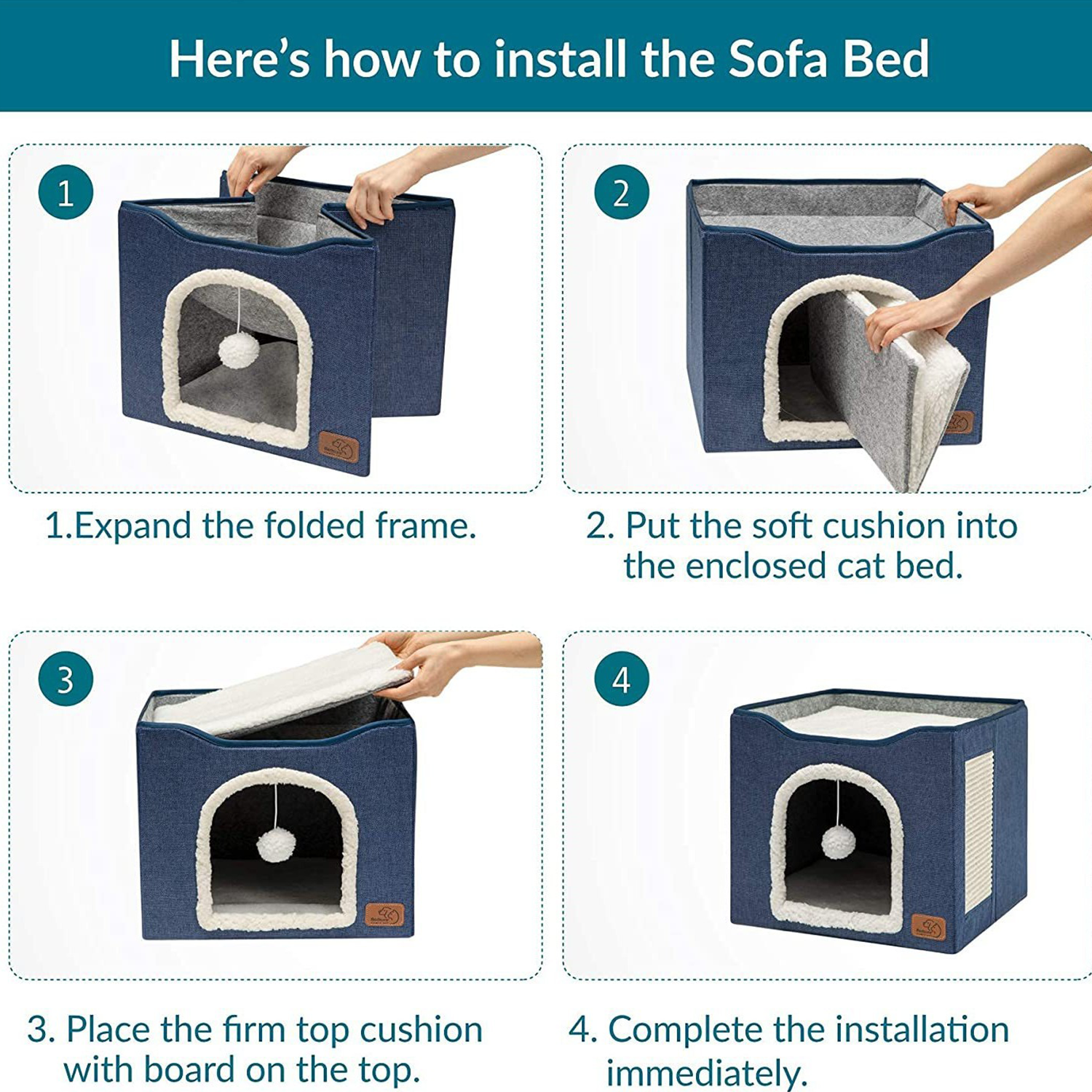 2-Tier Foldable Cat House with Sisal Scratcher, All Season Washable Cat Cube Bed