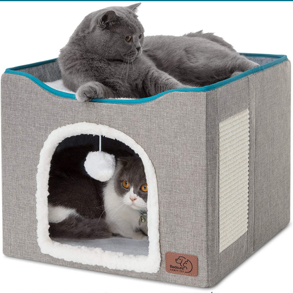 2-Tier Foldable Cat House with Sisal Scratcher, All Season Washable Cat Cube Bed