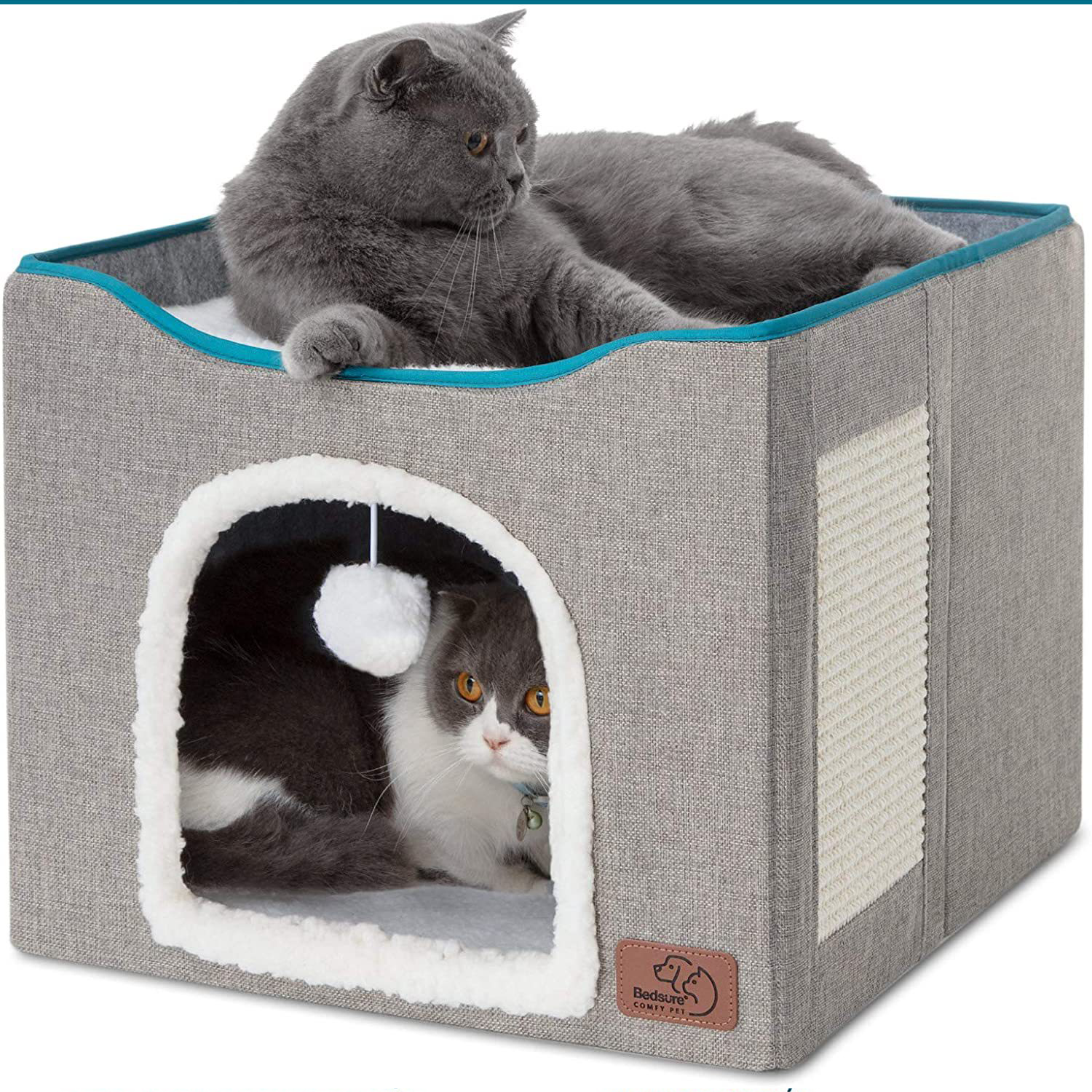 2-Tier Foldable Cat House with Sisal Scratcher, All Season Washable Cat Cube Bed