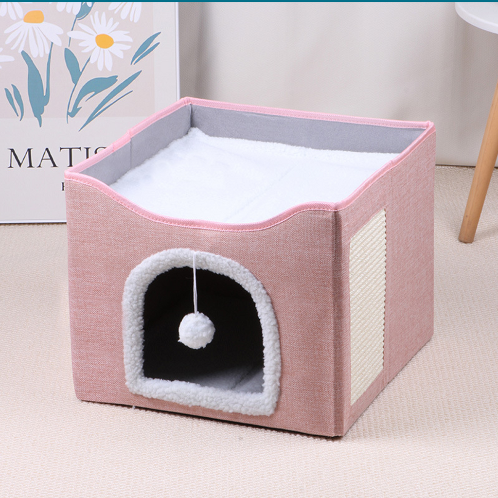 2-Tier Foldable Cat House with Sisal Scratcher, All Season Washable Cat Cube Bed