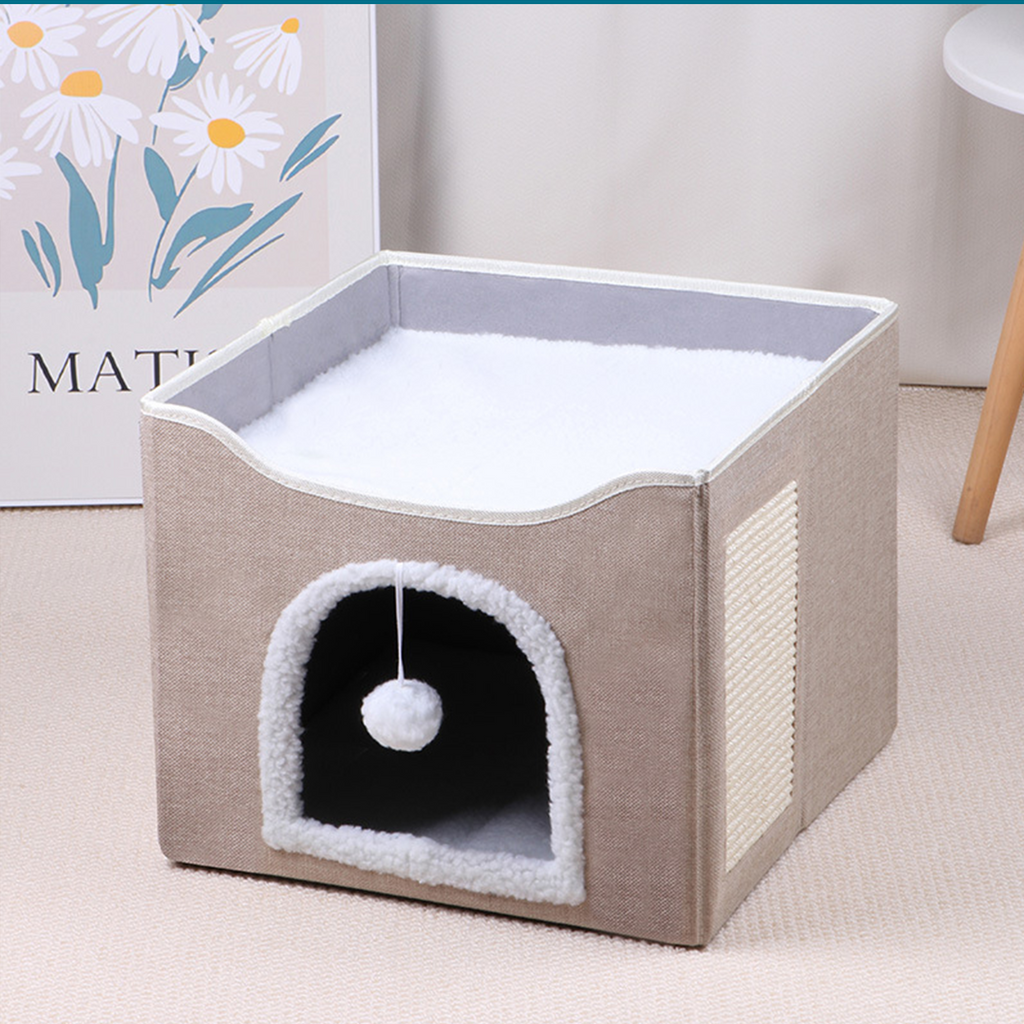 2-Tier Foldable Cat House with Sisal Scratcher, All Season Washable Cat Cube Bed