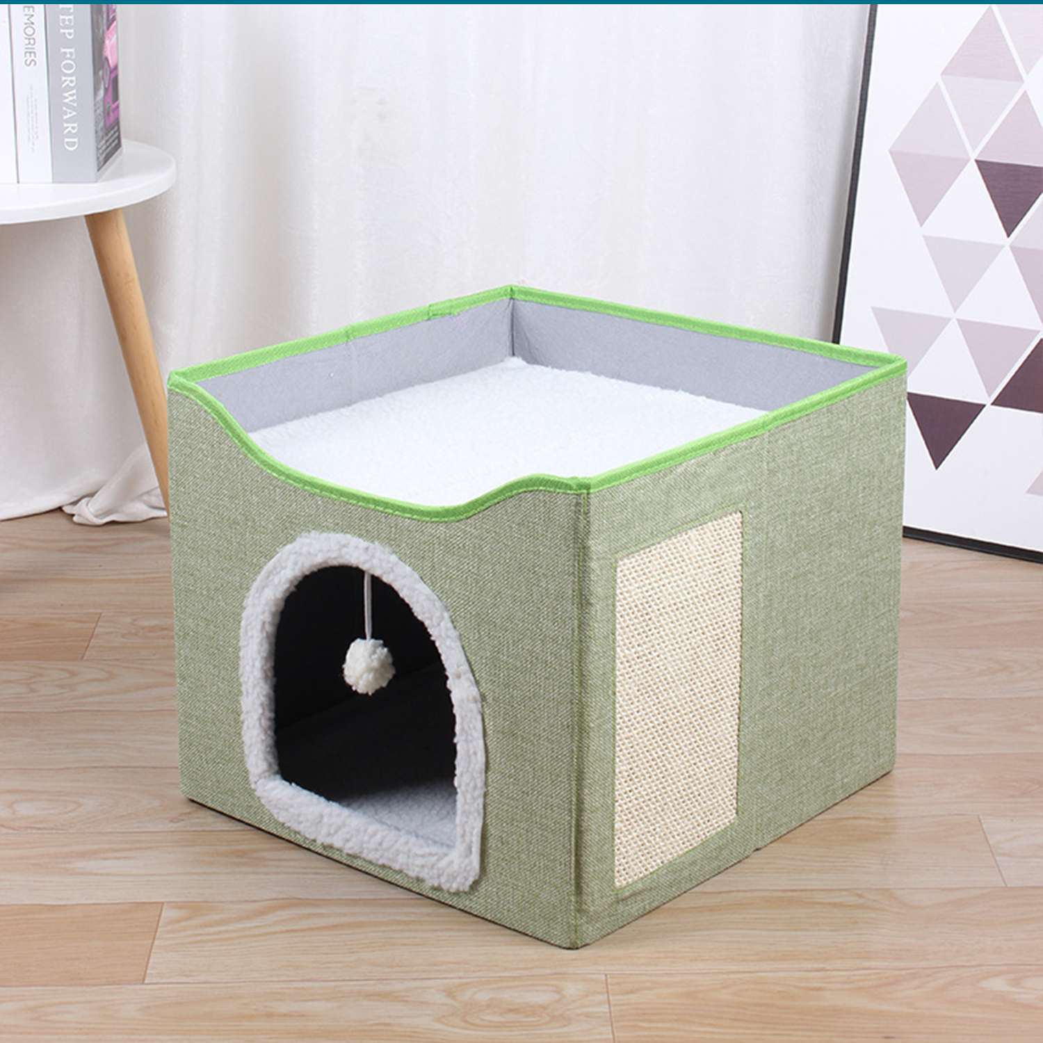 2-Tier Foldable Cat House with Sisal Scratcher, All Season Washable Cat Cube Bed