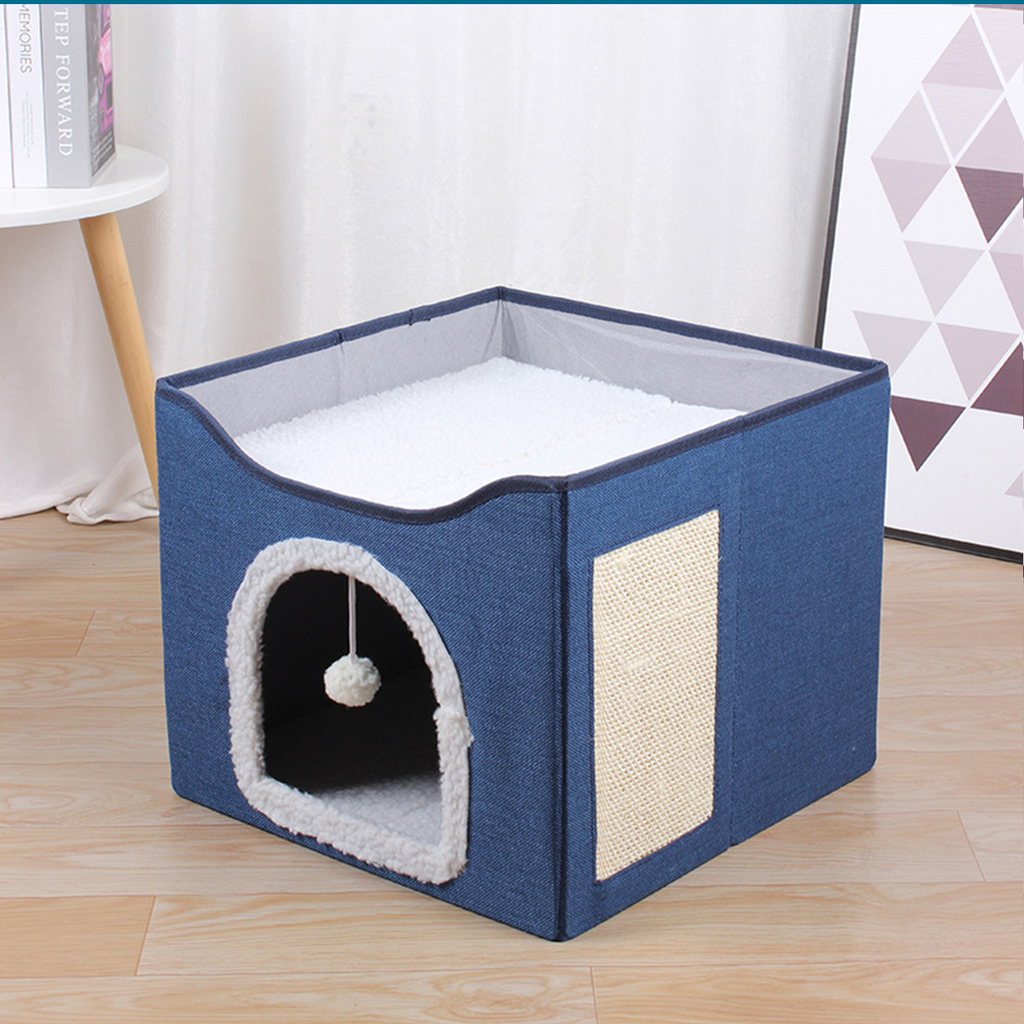 2-Tier Foldable Cat House with Sisal Scratcher, All Season Washable Cat Cube Bed