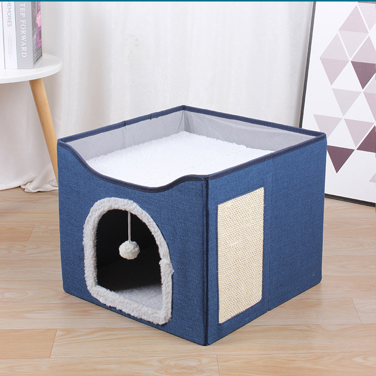 2-Tier Foldable Cat House with Sisal Scratcher, All Season Washable Cat Cube Bed