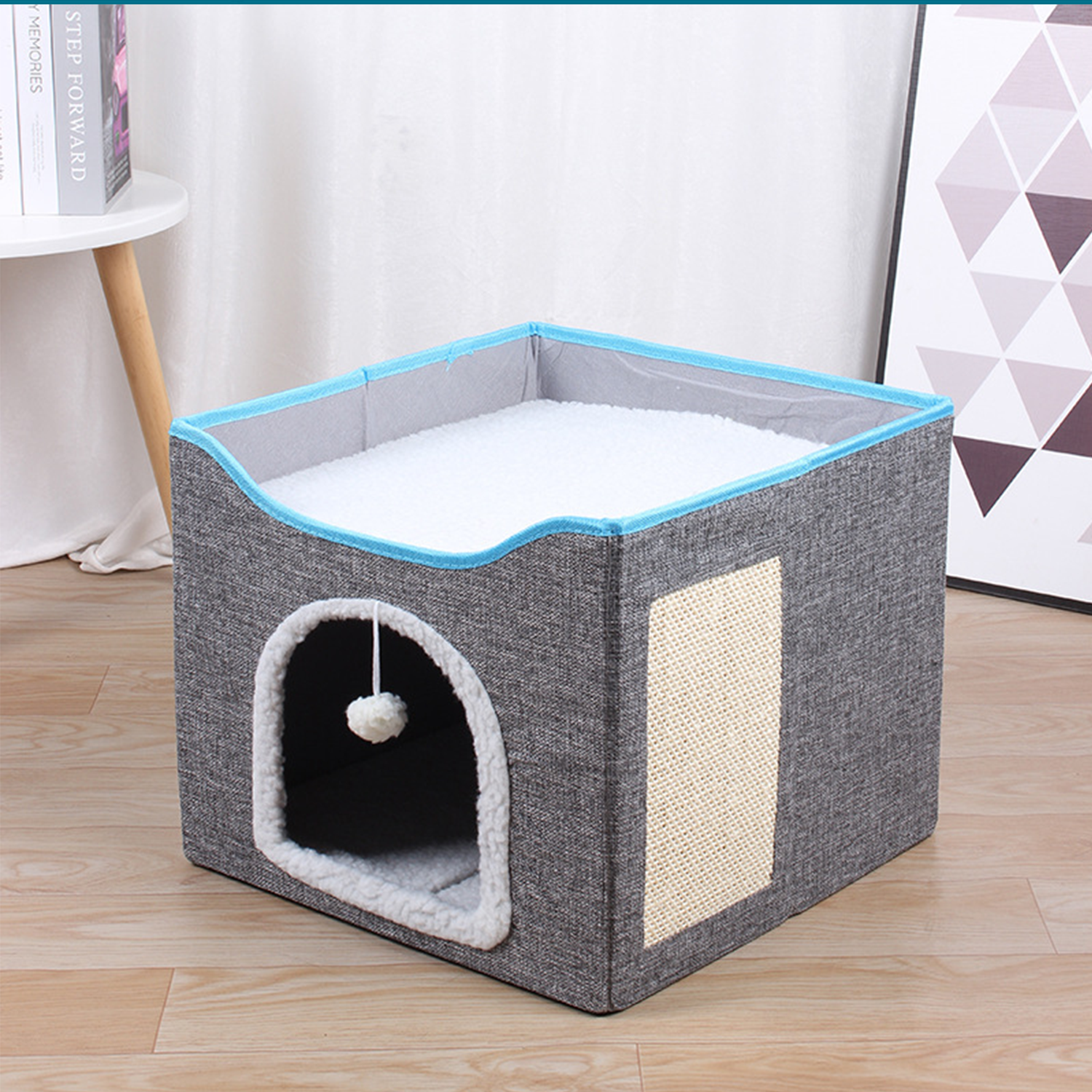 2-Tier Foldable Cat House with Sisal Scratcher, All Season Washable Cat Cube Bed