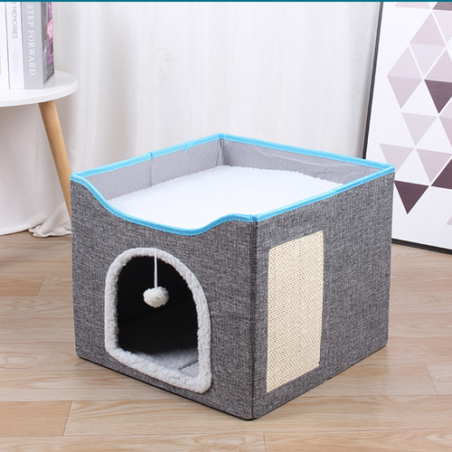 2-Tier Foldable Cat House with Sisal Scratcher, All Season Washable Cat Cube Bed