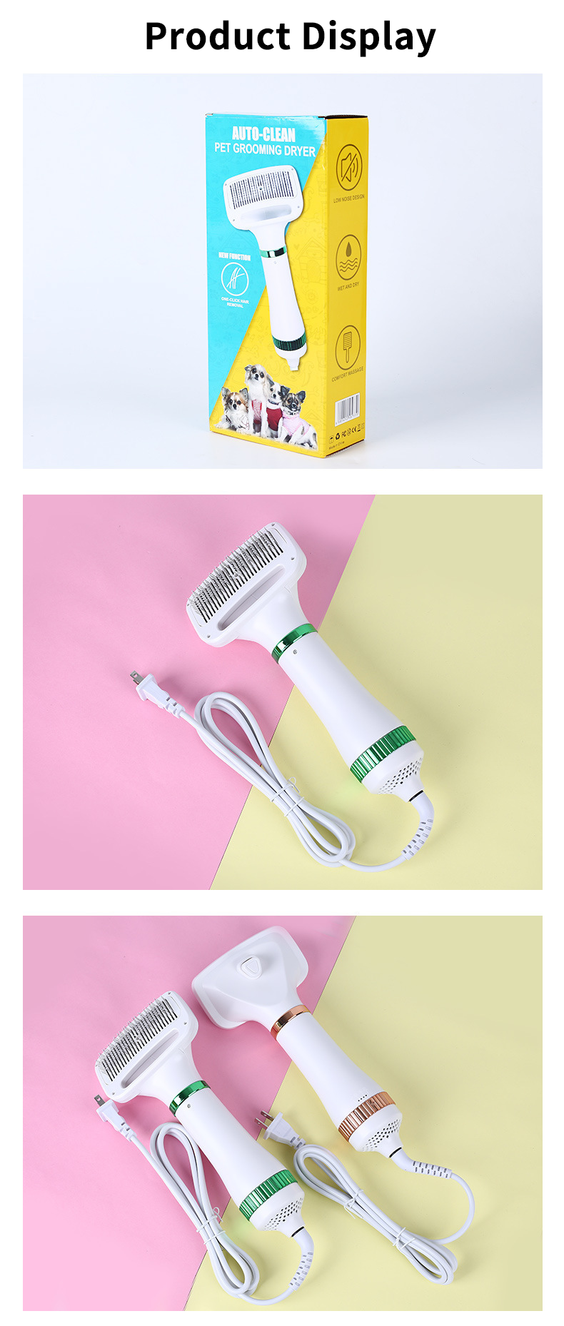 Pet Hair Dryer Brush 2-in-1 Hot Air Comb 300W Silent Fast Drying Dog Cat Grooming Brush 3 Speed Adjustable Floating Hair Remover 110-230V Multi-Plug EU US UK AU JP Plug