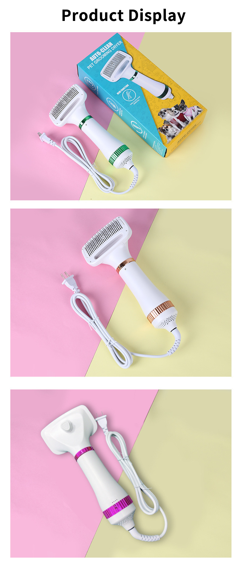 Pet Hair Dryer Brush 2-in-1 Hot Air Comb 300W Silent Fast Drying Dog Cat Grooming Brush 3 Speed Adjustable Floating Hair Remover 110-230V Multi-Plug EU US UK AU JP Plug