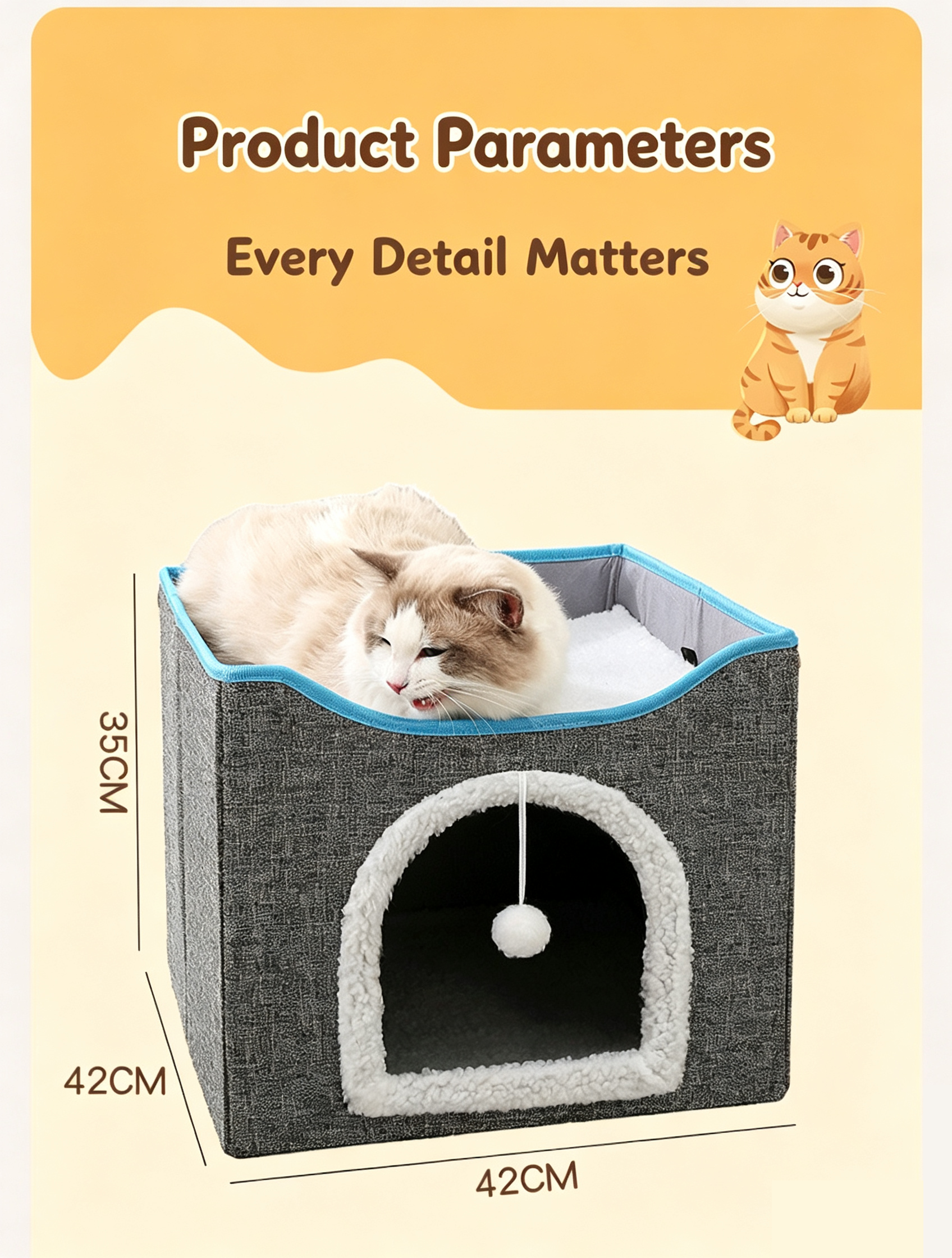 2-Tier Foldable Cat House with Sisal Scratcher, All Season Washable Cat Cube Bed