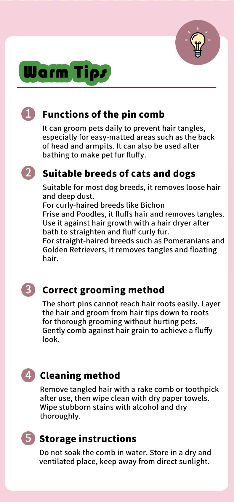 Steel Pin Pet Grooming Comb Gentle Hair Remover for Cats Small Dogs