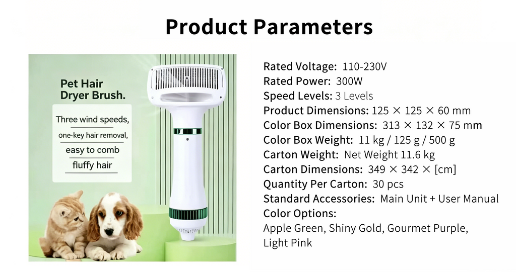 Pet Hair Dryer Brush 2-in-1 Hot Air Comb 300W Silent Fast Drying Dog Cat Grooming Brush 3 Speed Adjustable Floating Hair Remover 110-230V Multi-Plug EU US UK AU JP Plug