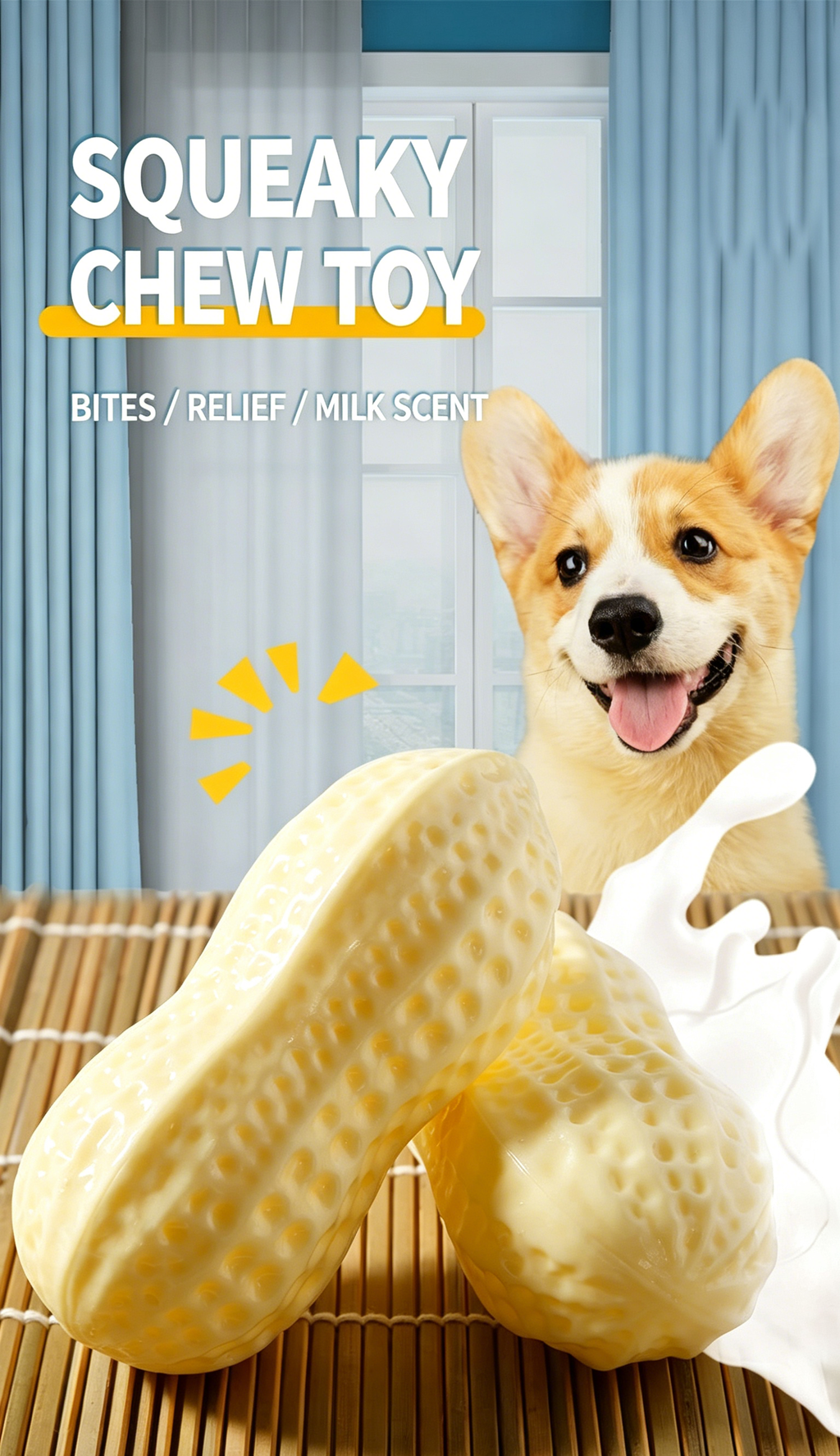 Squeaky Peanut Dog Chew Toy, Non-Toxic TPR Milk Scented Durable Teething Toy for Small Medium Large Dogs, Indestructible Textured Dental Cleaning Puppy Self Play Toy Easy to Clean
