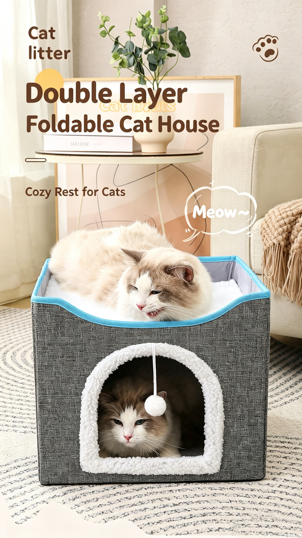 2-Tier Foldable Cat House with Sisal Scratcher, All Season Washable Cat Cube Bed
