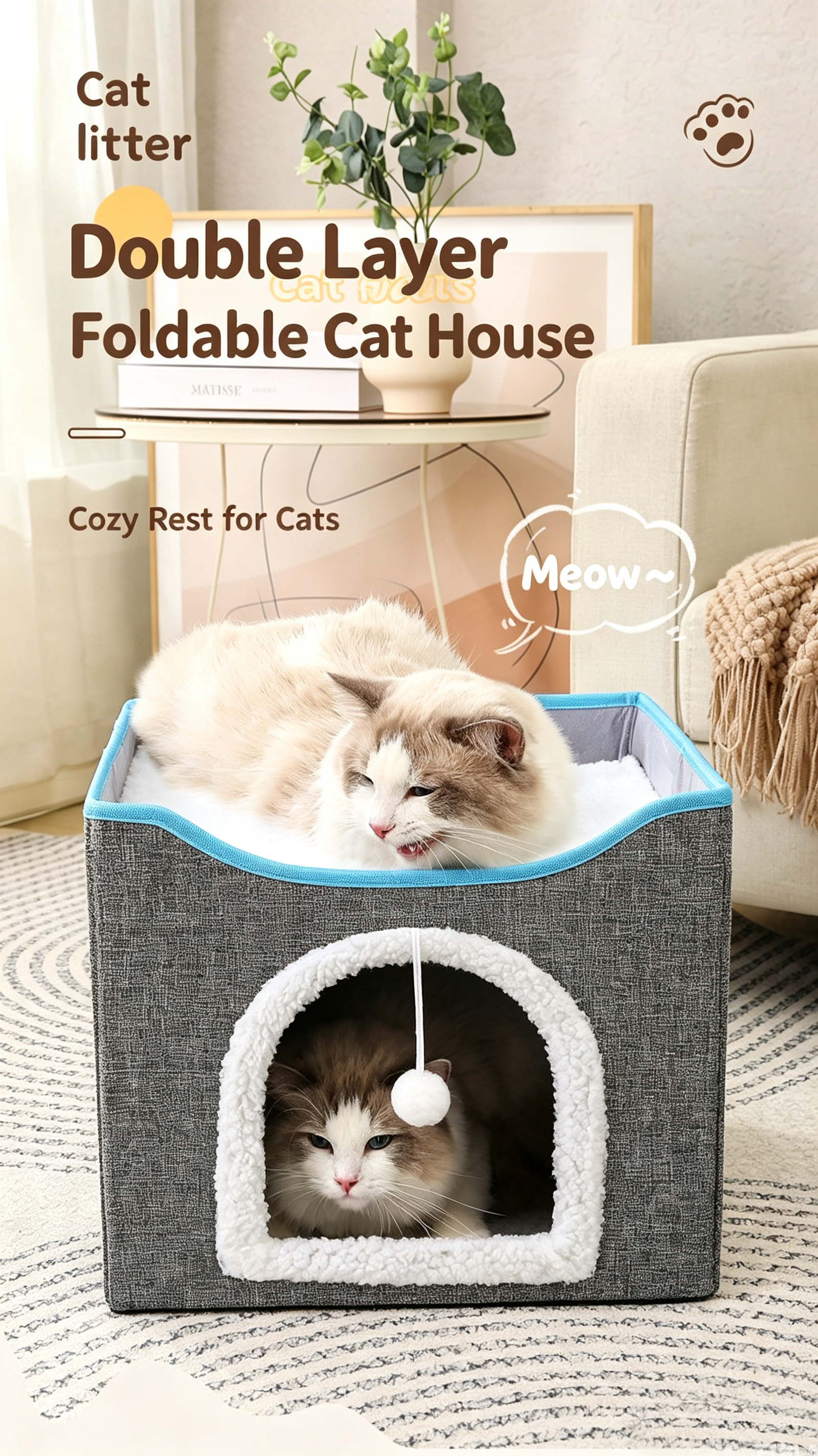 2-Tier Foldable Cat House with Sisal Scratcher, All Season Washable Cat Cube Bed