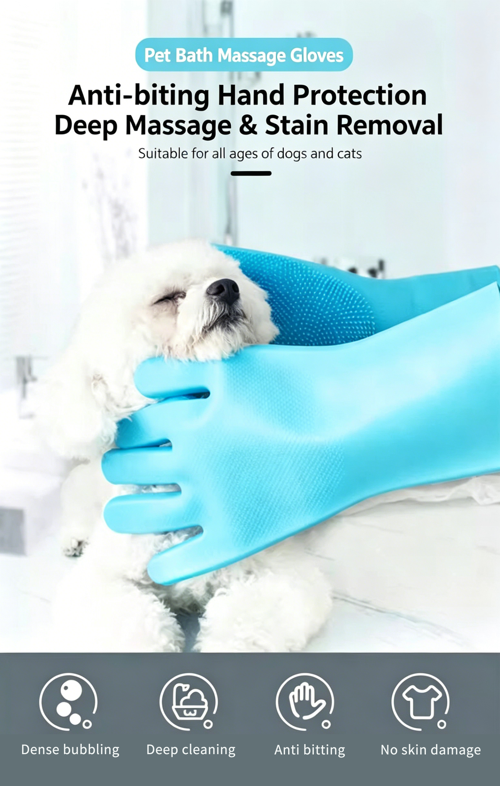Thickened Silicone Pet Grooming Gloves 3000 Massage Bristles Dog Cat Bathing Brush Anti-Bite Anti-Scratch Hair Remover