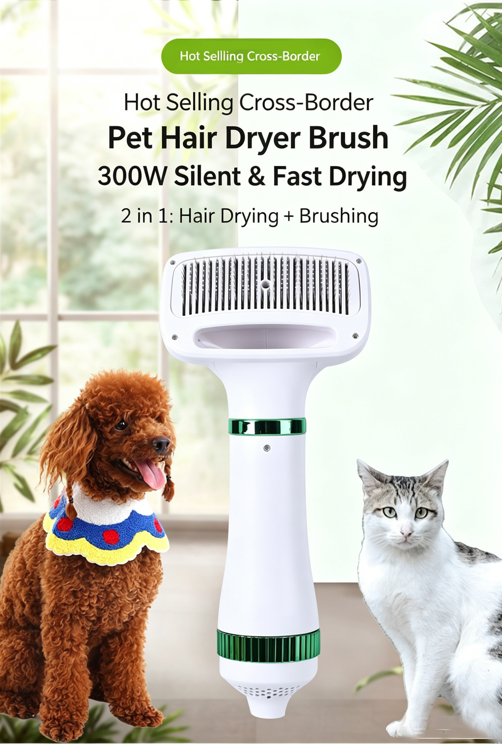 Pet Hair Dryer Brush 2-in-1 Hot Air Comb 300W Silent Fast Drying Dog Cat Grooming Brush 3 Speed Adjustable Floating Hair Remover 110-230V Multi-Plug EU US UK AU JP Plug