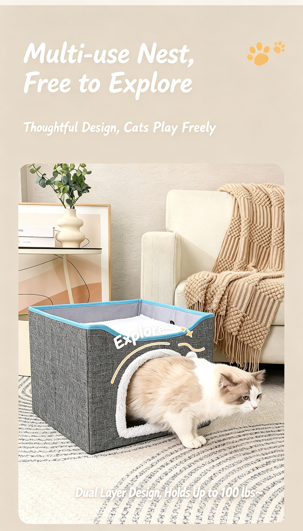2-Tier Foldable Cat House with Sisal Scratcher, All Season Washable Cat Cube Bed
