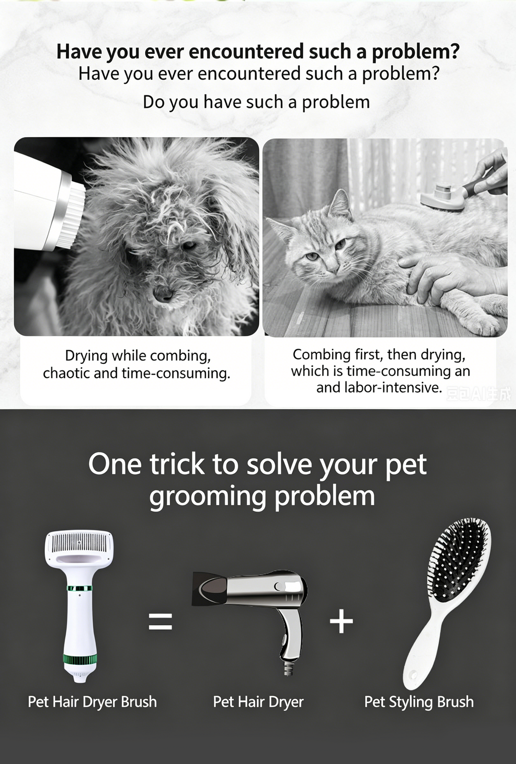 Pet Hair Dryer Brush 2-in-1 Hot Air Comb 300W Silent Fast Drying Dog Cat Grooming Brush 3 Speed Adjustable Floating Hair Remover 110-230V Multi-Plug EU US UK AU JP Plug