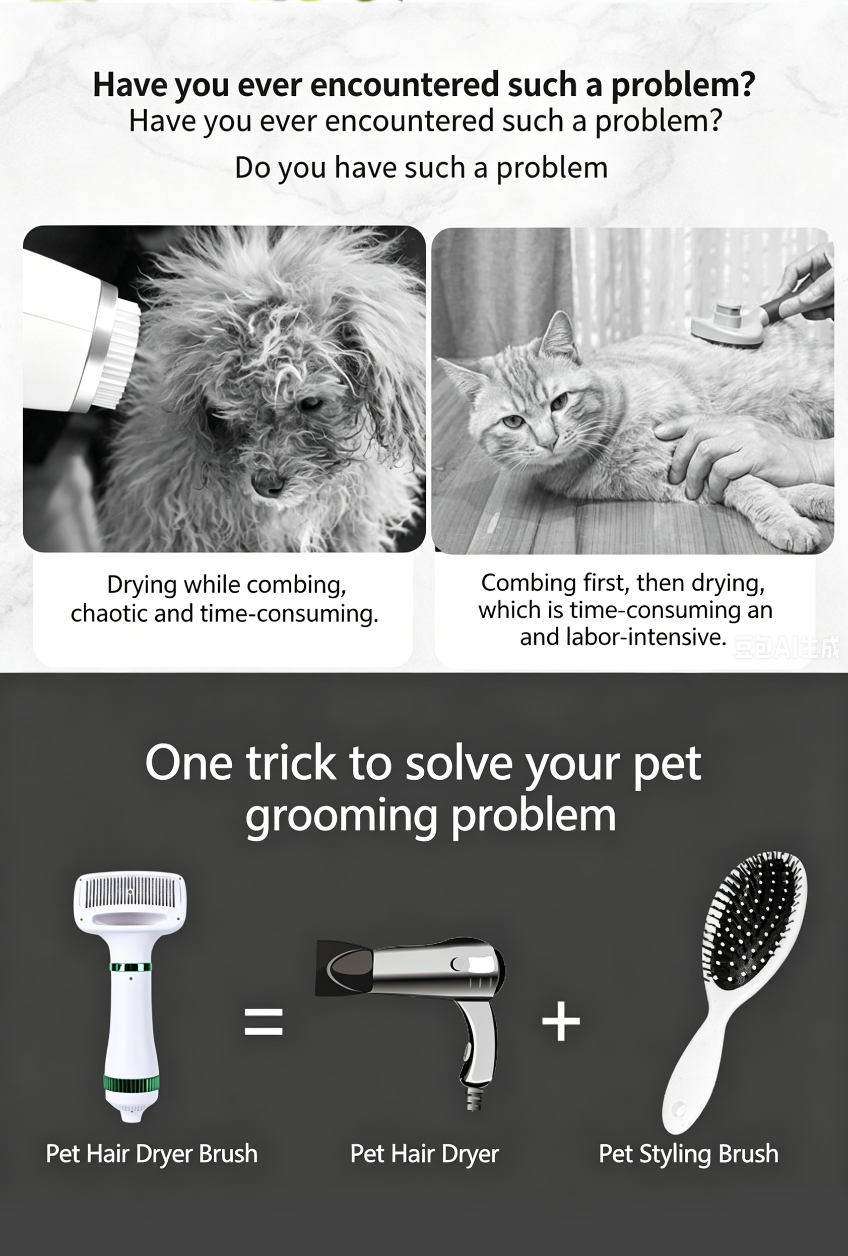 Pet Hair Dryer Brush 2-in-1 Hot Air Comb 300W Silent Fast Drying Dog Cat Grooming Brush 3 Speed Adjustable Floating Hair Remover 110-230V Multi-Plug EU US UK AU JP Plug