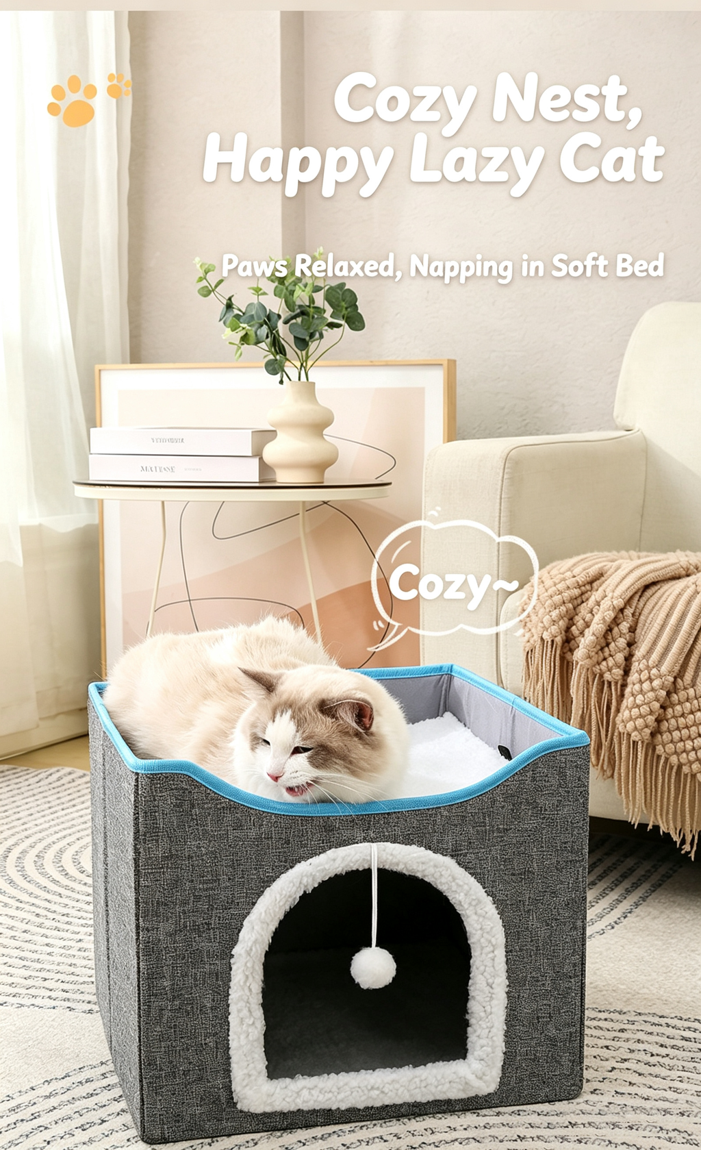 2-Tier Foldable Cat House with Sisal Scratcher, All Season Washable Cat Cube Bed