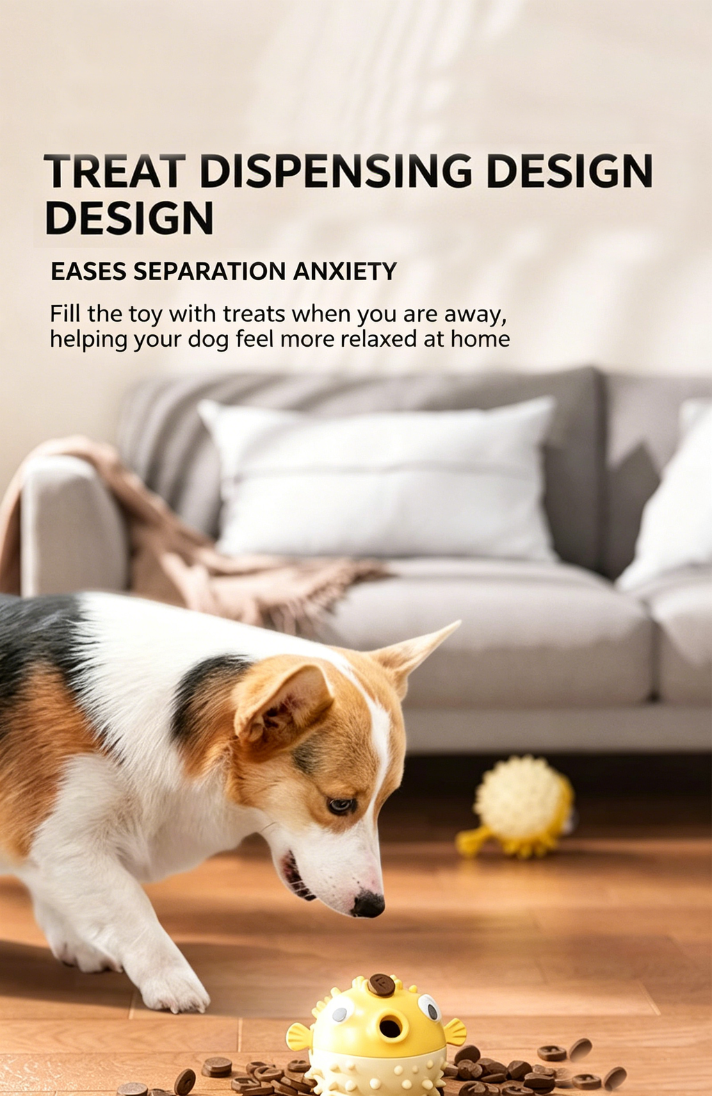 Bouncy Fish Dog Treat Dispenser Toy, Food-Grade TPR Squeaky Chew Toy, Durable Teeth Cleaning Interactive Toy for Dogs Anxiety Relief Prevent Destructive Behavior