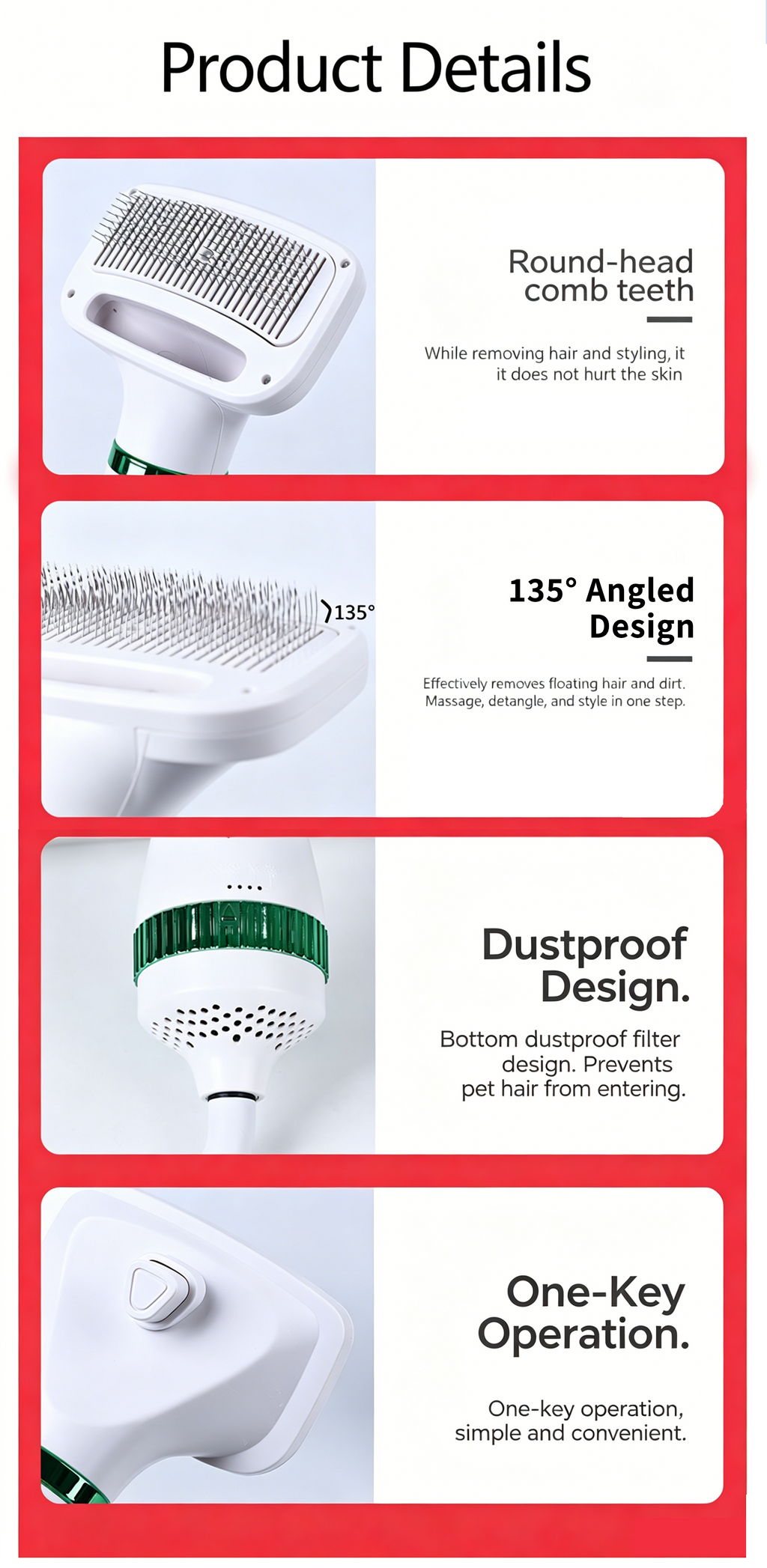 Pet Hair Dryer Brush 2-in-1 Hot Air Comb 300W Silent Fast Drying Dog Cat Grooming Brush 3 Speed Adjustable Floating Hair Remover 110-230V Multi-Plug EU US UK AU JP Plug