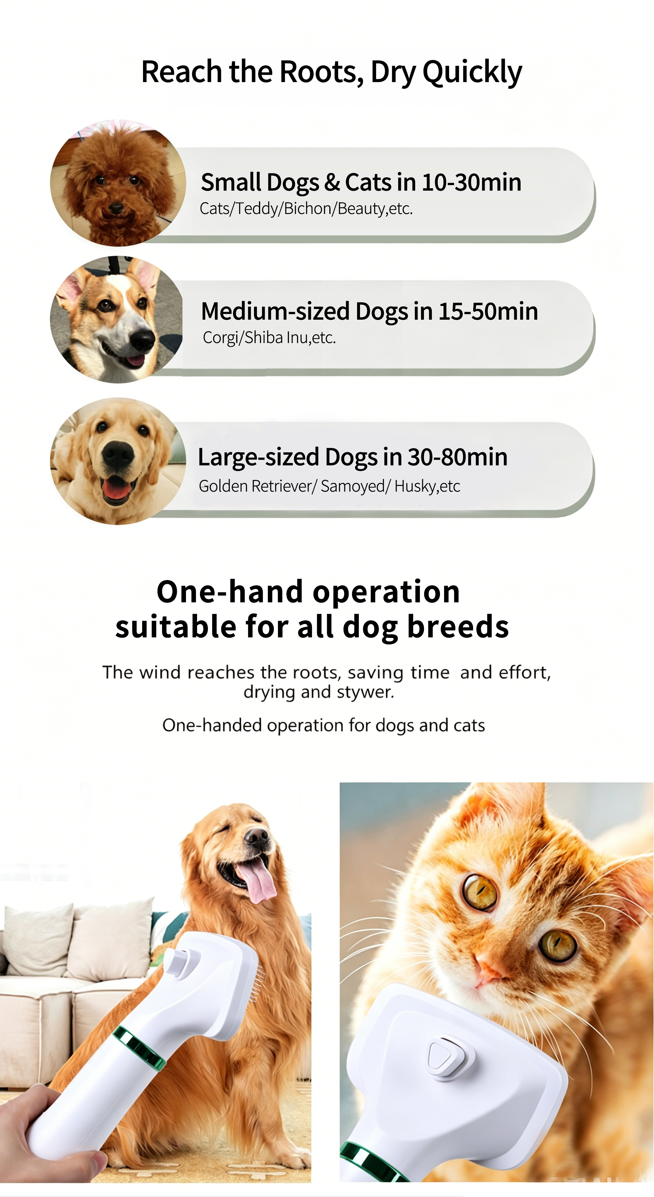 Pet Hair Dryer Brush 2-in-1 Hot Air Comb 300W Silent Fast Drying Dog Cat Grooming Brush 3 Speed Adjustable Floating Hair Remover 110-230V Multi-Plug EU US UK AU JP Plug