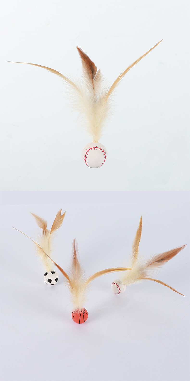 Sports Style Feather Bouncy Ball Cat Toy 4 Pack | Silent Interactive Kitten Teaser Toy