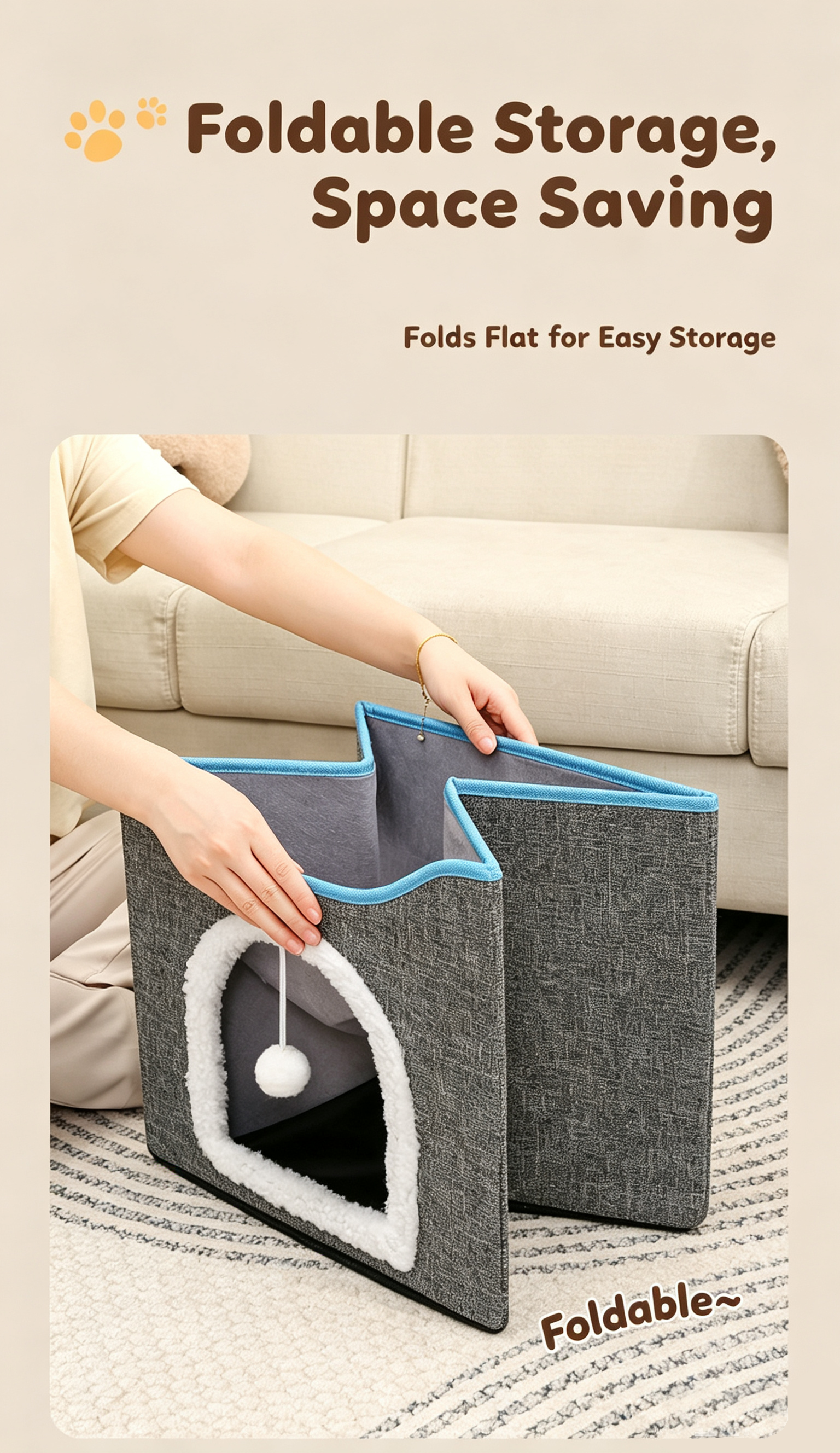 2-Tier Foldable Cat House with Sisal Scratcher, All Season Washable Cat Cube Bed